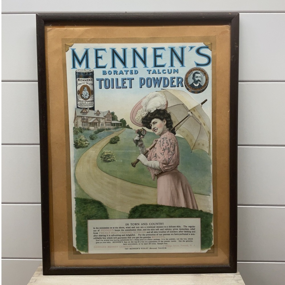 Vintage Mennen Borated Talcum Toilet Powder Framed Ad Print 12x16 Woman Parasol